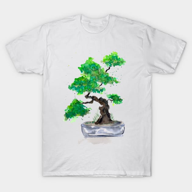 Green Bonsai Watercolor T-Shirt by ZeichenbloQ